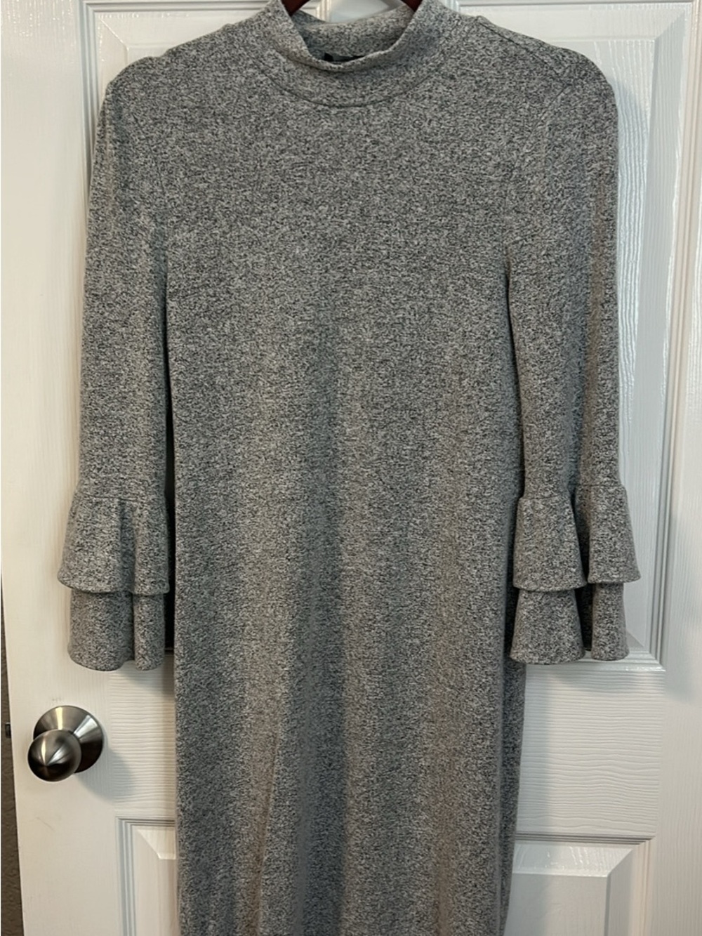 White House Black Market Gray Mock-Neck Knit Dress with Ruffle Cuffs